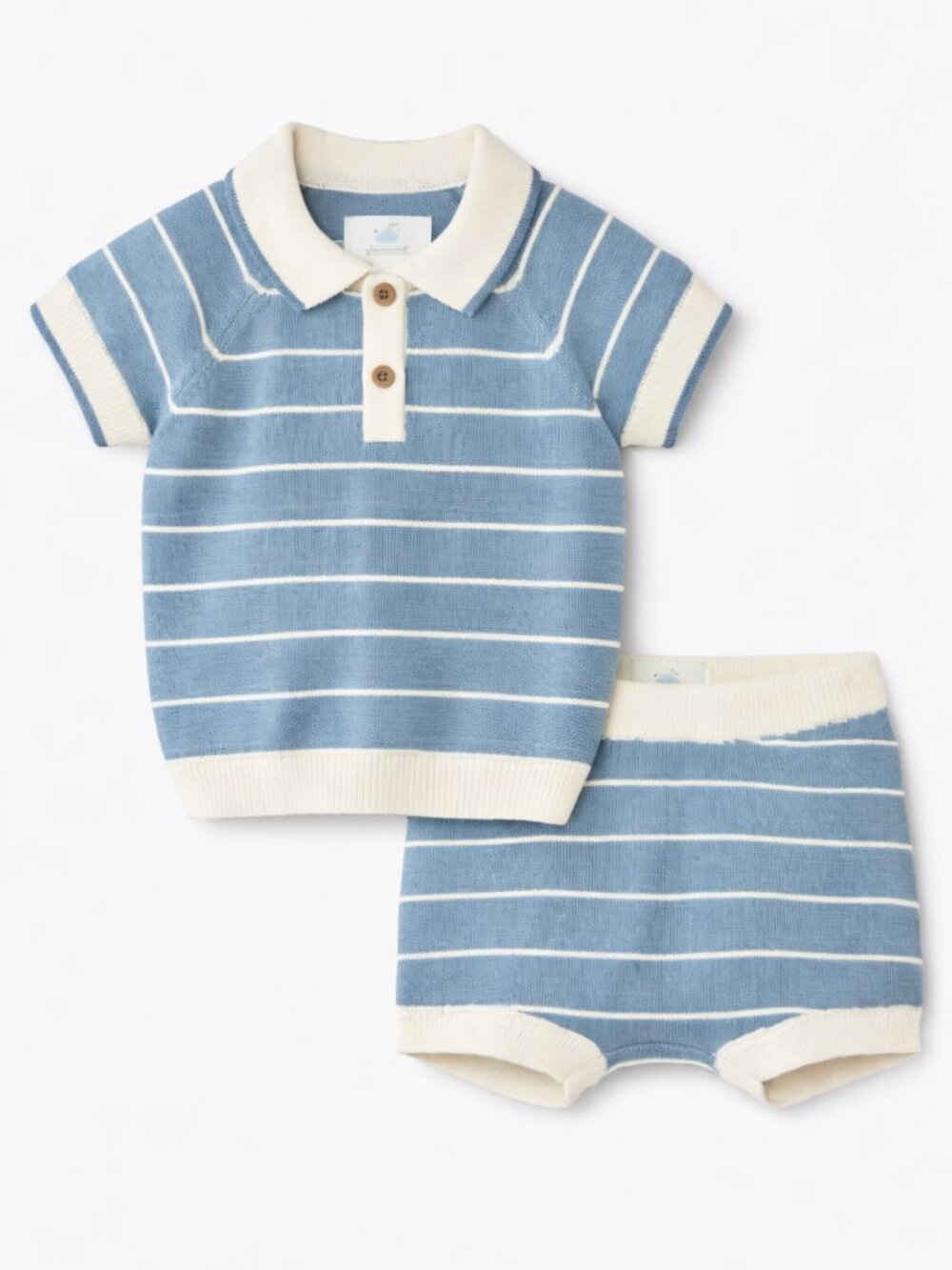 NWT Cloud Island Baby Boy 2pc Blue Striped Crochet Sweater Set Polo Shirt Shorts